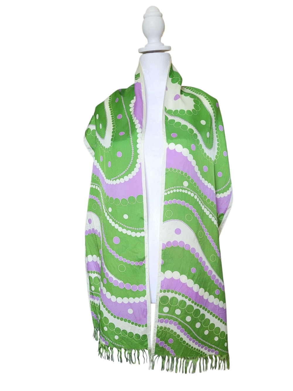 Vintage Mod 60s Op Art Green & Lavender Long Fringe Scarf - Picture 3 of 11